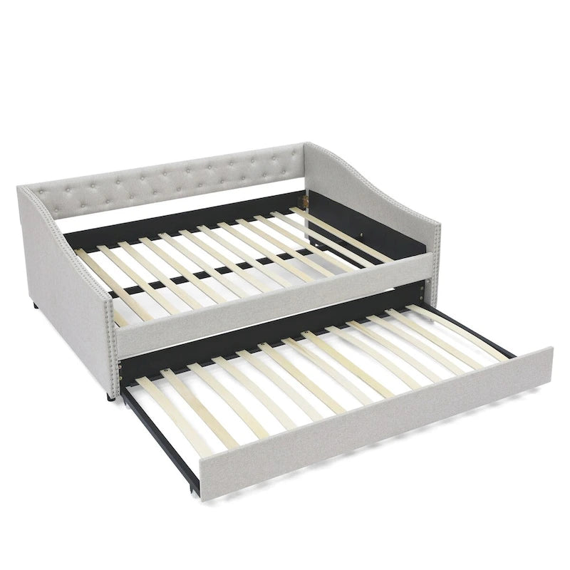 Full Size Daybed with Twin Size Trundle Upholstered Tufted Sofa Bed, with Button on Back and Copper Nail on Waved Shape Arms