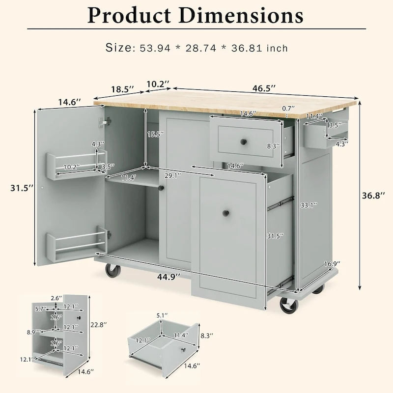 53.9 Width Rolling Kitchen Cart on Wheels with Internal Storage Rack