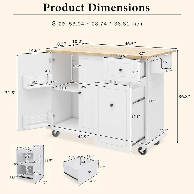 53.9 Width Rolling Kitchen Cart on Wheels with Internal Storage Rack