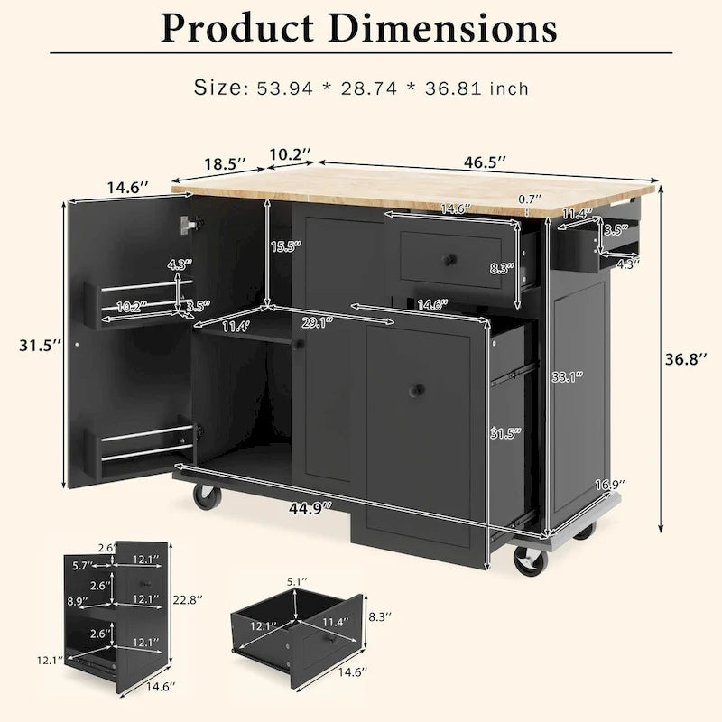 53.9 Width Rolling Kitchen Cart on Wheels with Internal Storage Rack