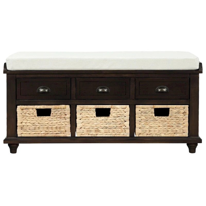 Rustic Storage Bench with 3 Drawers and 3 Rattan Baskets