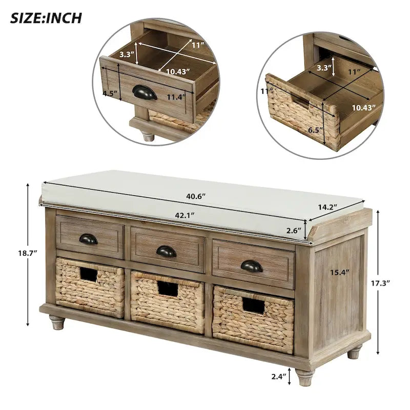 Rustic Storage Bench with 3 Drawers and 3 Rattan Baskets