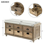 Rustic Storage Bench with 3 Drawers and 3 Rattan Baskets