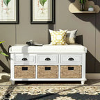 Rustic Storage Bench with 3 Drawers and 3 Rattan Baskets