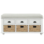 Rustic Storage Bench with 3 Drawers and 3 Rattan Baskets
