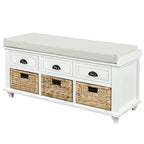 Rustic Storage Bench with 3 Drawers and 3 Rattan Baskets