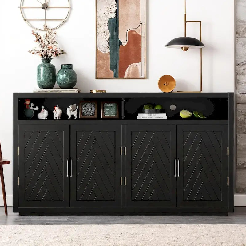 4-door Classic Sideboard with Open Storage and Adjustable Shelves Perfect for kitchens, living rooms