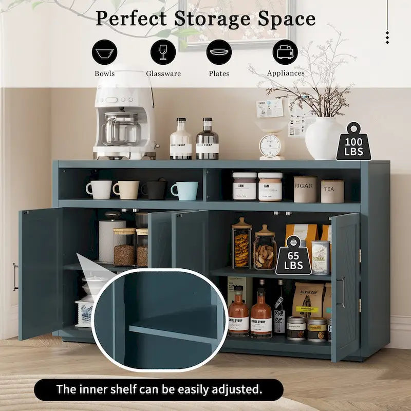 4-door Classic Sideboard with Open Storage and Adjustable Shelves Perfect for kitchens, living rooms