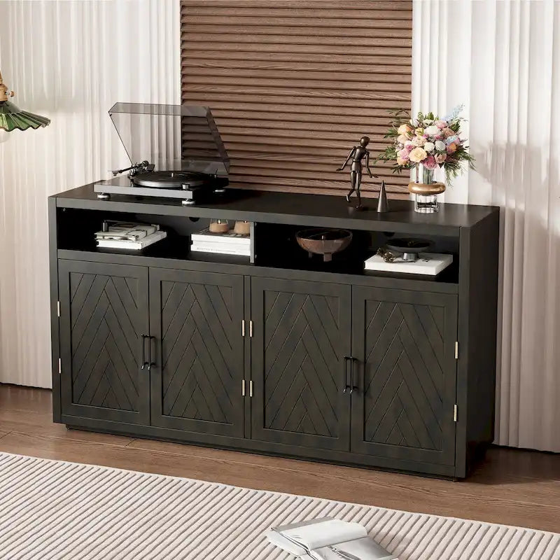 4-door Classic Sideboard with Open Storage and Adjustable Shelves Perfect for kitchens, living rooms