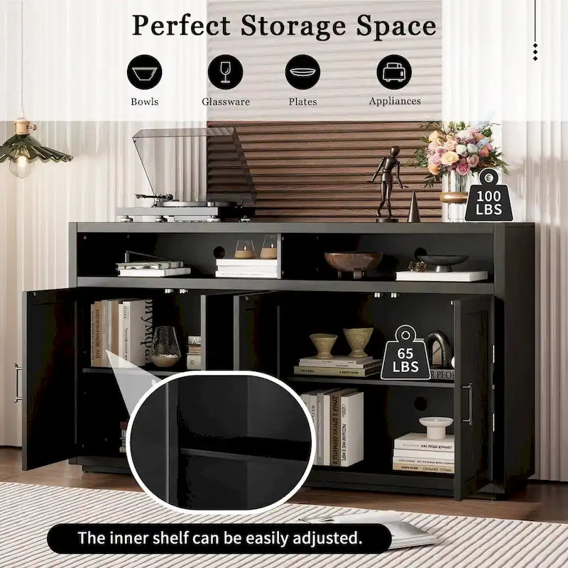 4-door Classic Sideboard with Open Storage and Adjustable Shelves Perfect for kitchens, living rooms