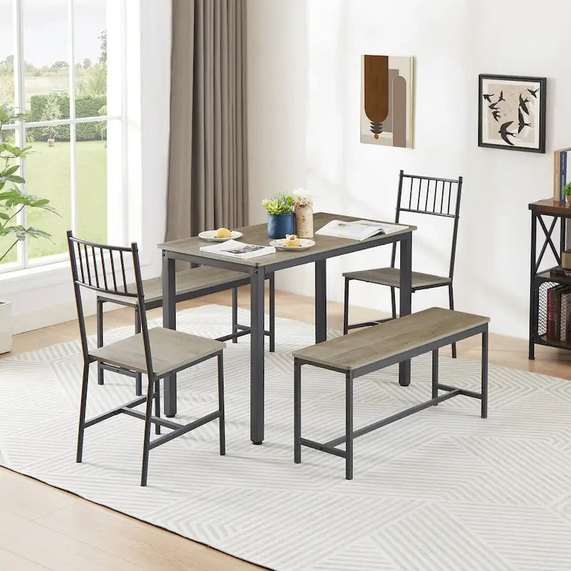 Dining Table Set, Barstool Dining Table with 2 Benches 2 Back Chairs, Industrial Dining Table for Kitchen Breakfast, Living Room