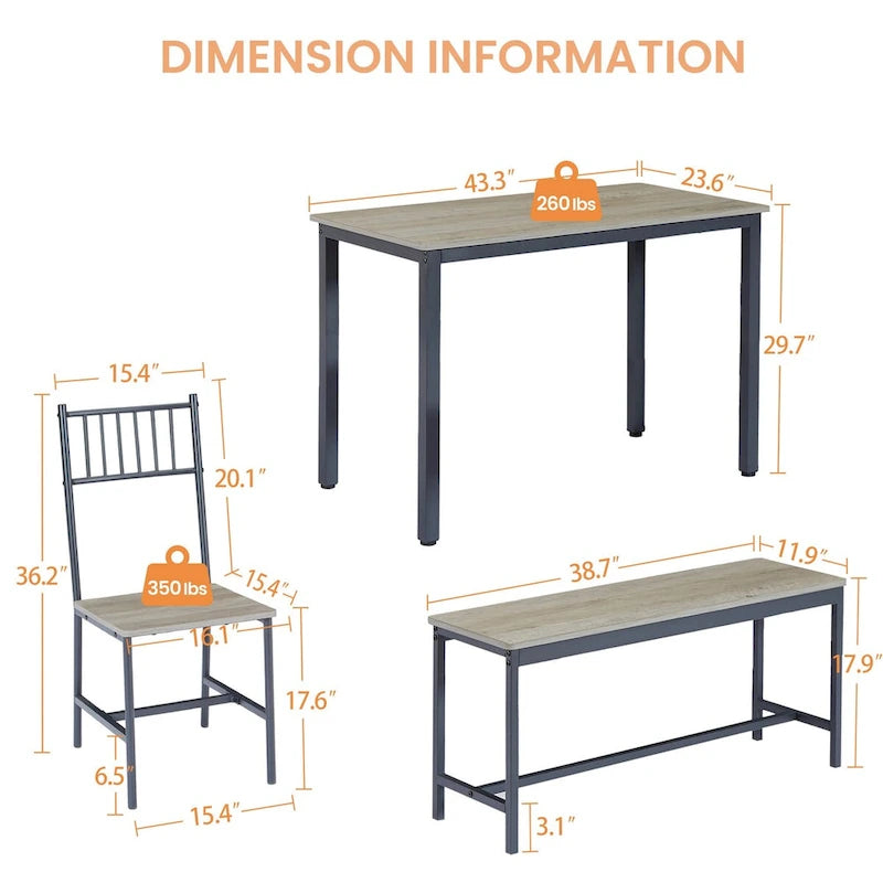 Dining Table Set, Barstool Dining Table with 2 Benches 2 Back Chairs, Industrial Dining Table for Kitchen Breakfast, Living Room