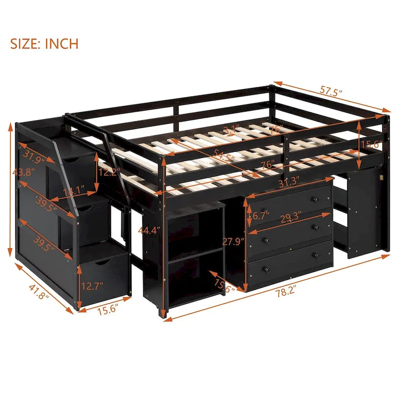 Full Size Solid Wood Loft Bed with Retractable Desk, Storage Stairs, Storage Drawers, and Shelves