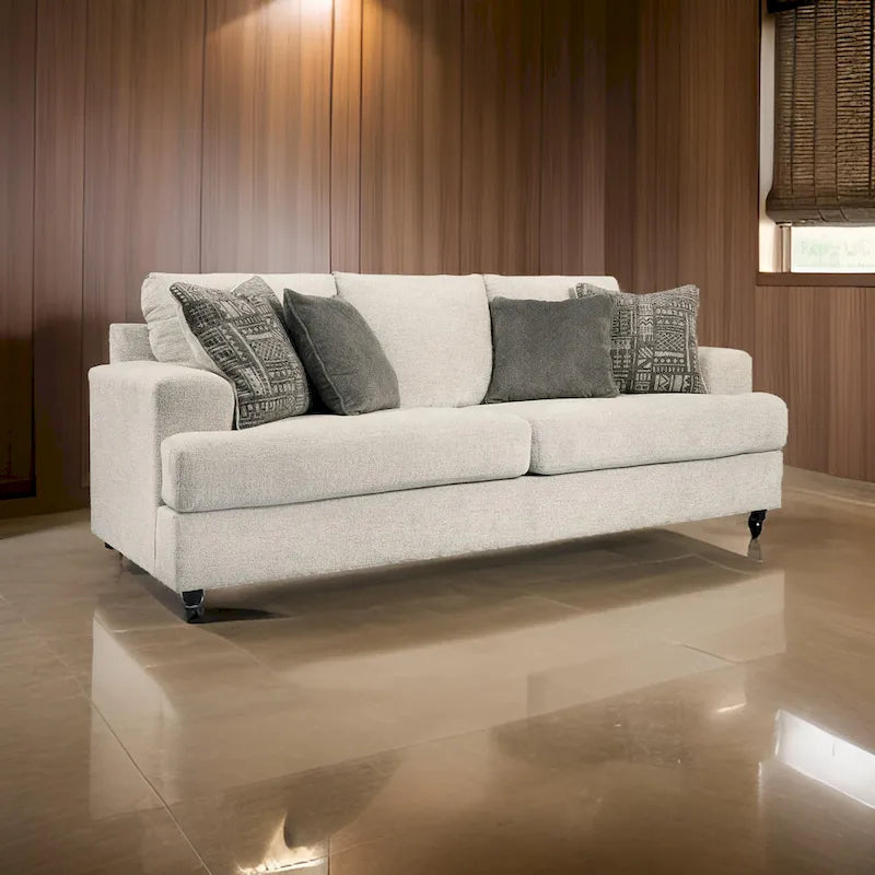 Tren 96 Inch Sofa with 4 Jacquard Pillows, Soft Beige Chenille Polyester