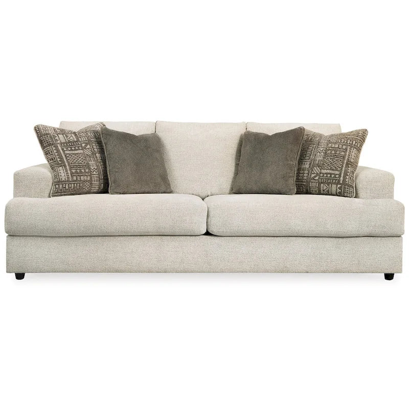 96 Inch Sofa with 4 Jacquard Pillows, Soft Beige Chenille Polyester