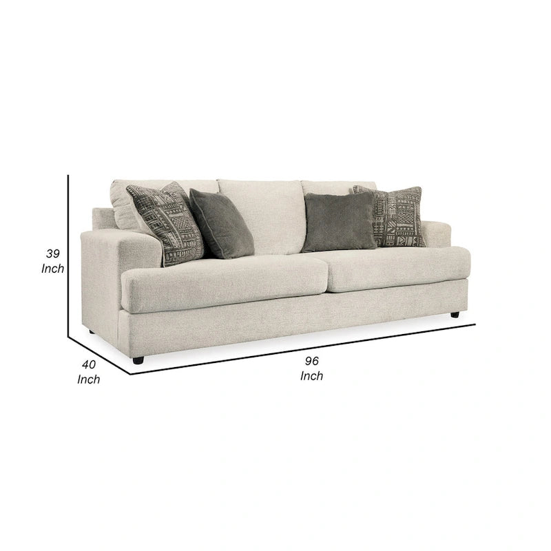 96 Inch Sofa with 4 Jacquard Pillows, Soft Beige Chenille Polyester