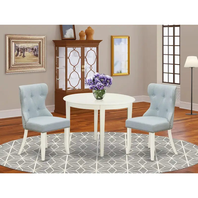 White Round Dining Table Set with Baby Blue Chairs - 3 or 5 Piece