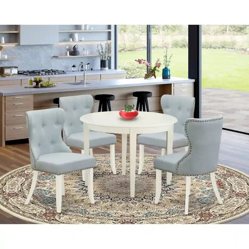 White Round Dining Table Set with Baby Blue Chairs - 3 or 5 Piece