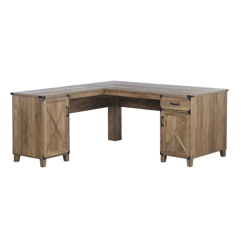 Farmhouse-Style Rustic Oak L-Shaped Desk