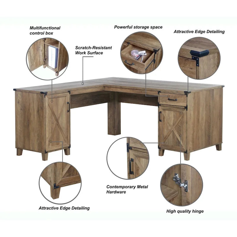 Farmhouse-Style Rustic Oak L-Shaped Desk