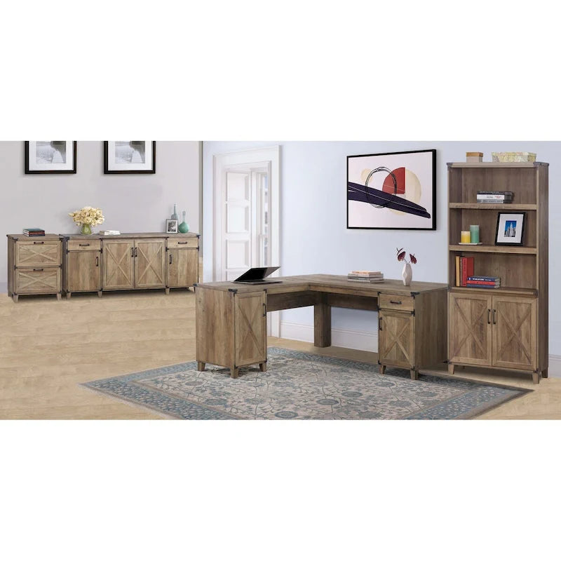 Farmhouse-Style Rustic Oak L-Shaped Desk