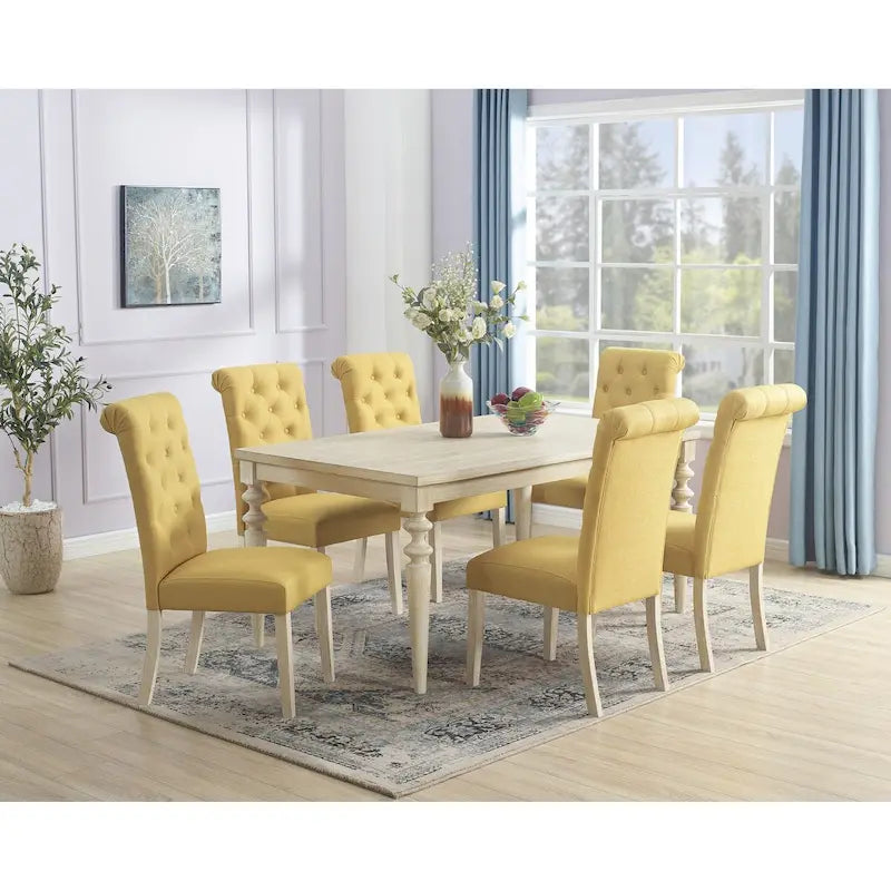 7-Piece Turned-Leg Dining Set for 6 - Brown/Beige Tufted Chairs
