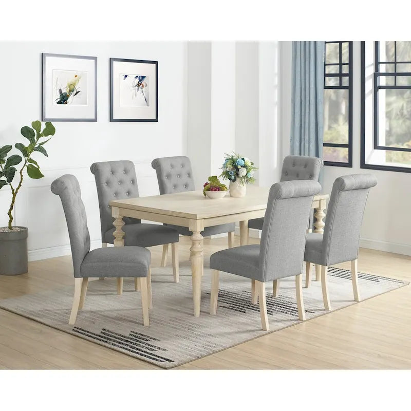 7-piece Dining Set, Turned-Leg Dining Table with 6 Tufted Chairs