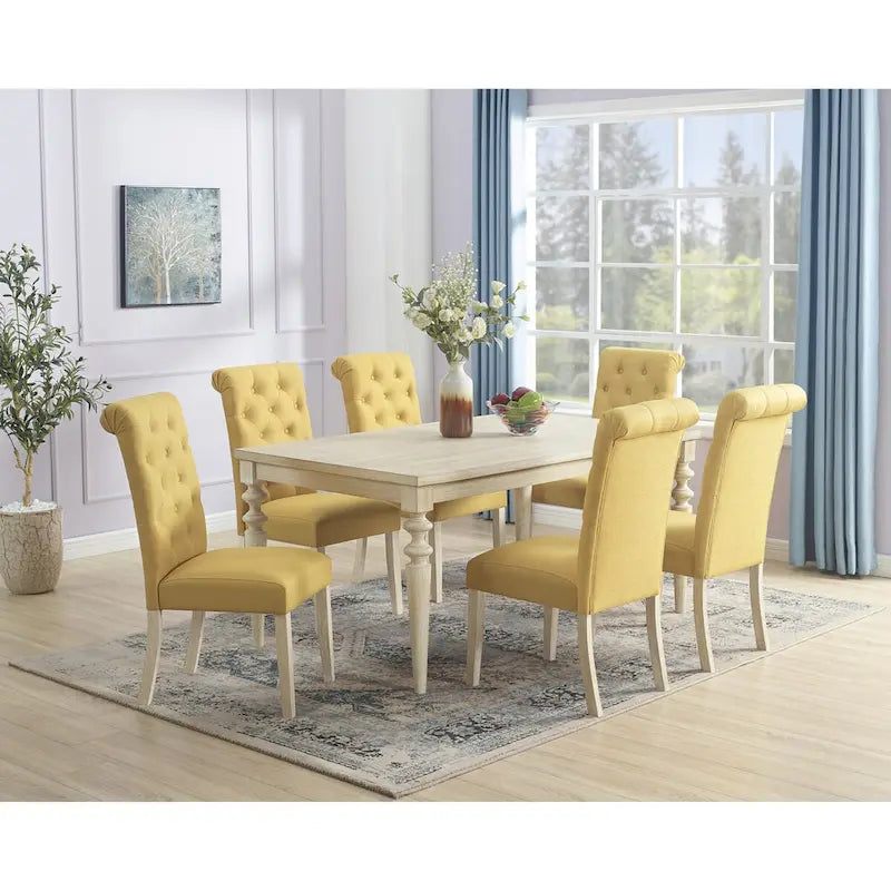 7-Piece Turned-Leg Dining Set for 6 - Brown/Beige Tufted Chairs
