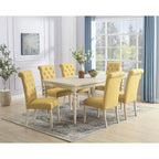 7-Piece Turned-Leg Dining Set for 6 - Brown/Beige Tufted Chairs