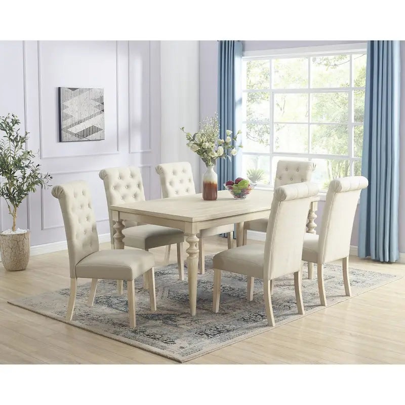 7-Piece Turned-Leg Dining Set for 6 - Brown/Beige Tufted Chairs